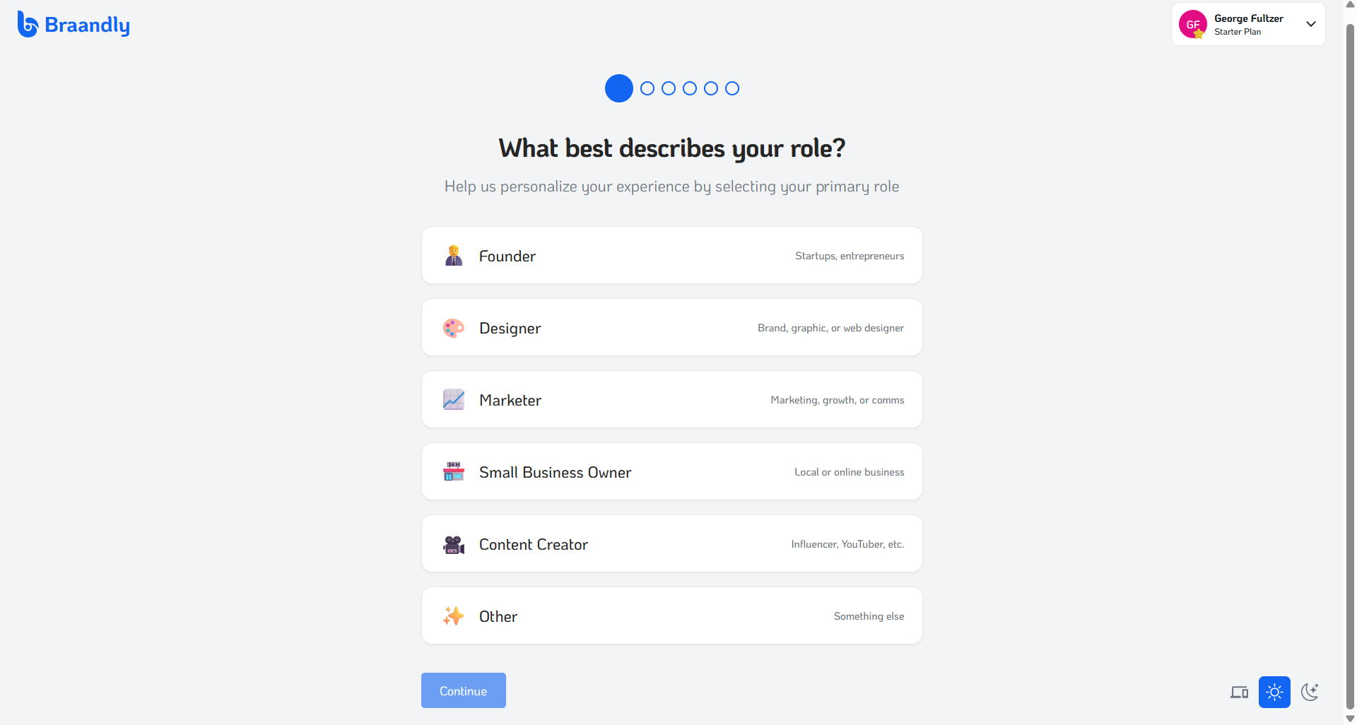 Braandly onboarding step 1 role selection screen with Founder, Designer, and Small Business Owner options