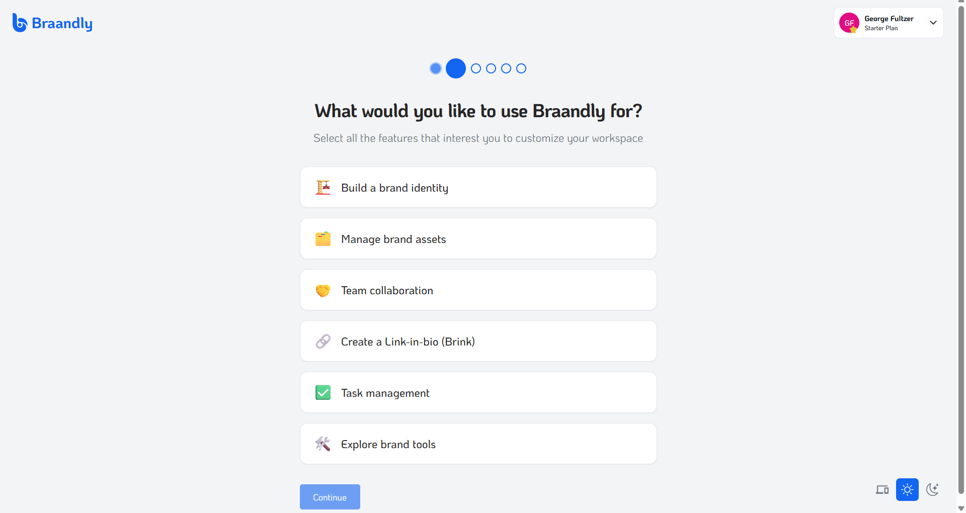 Braandly onboarding step 2 platform interests screen listing brand identity, asset management, and Brink goals