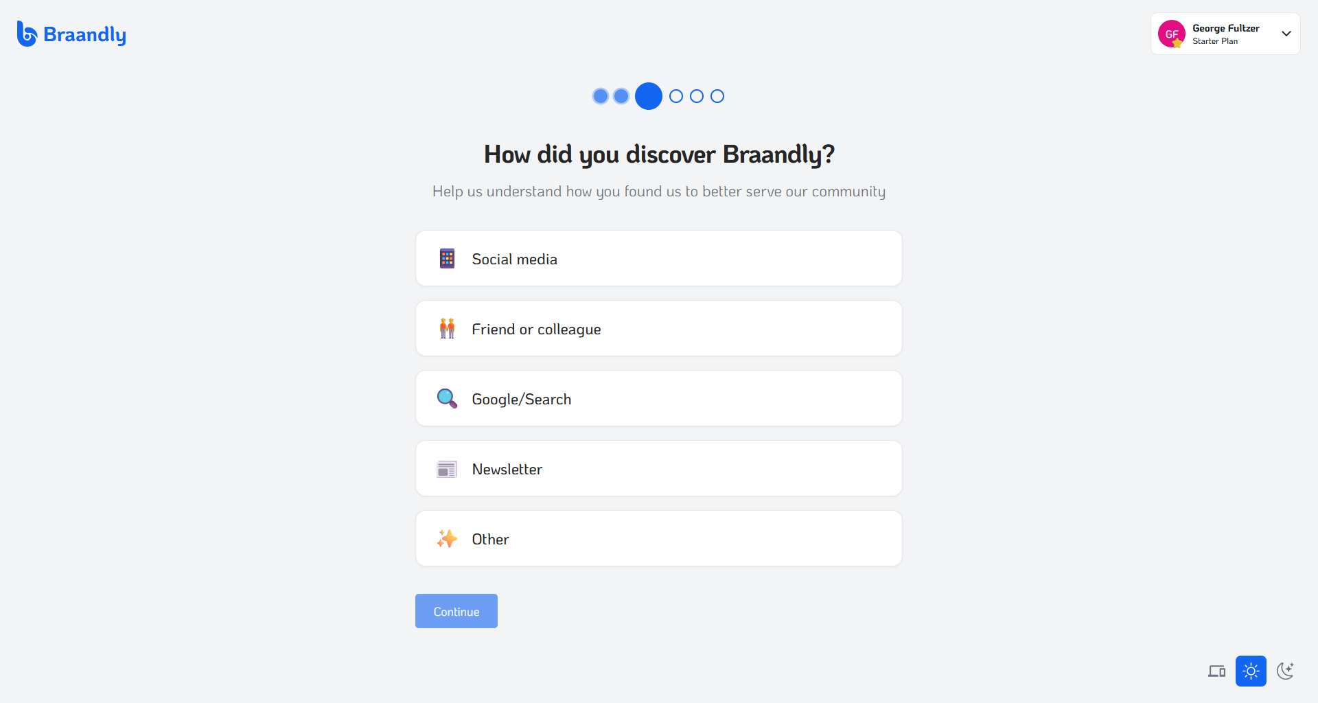 Braandly onboarding step 3 page asking how you discovered Braandly.
