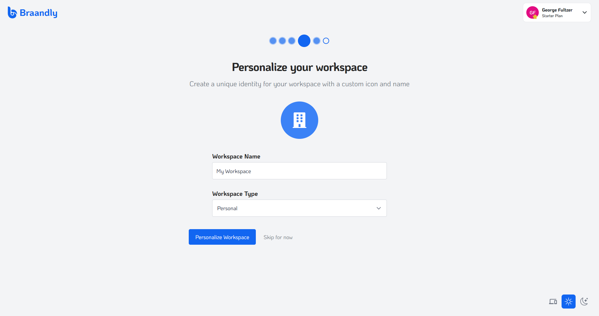 Braandly onboarding step 4 workspace personalization screen with workspace name and type