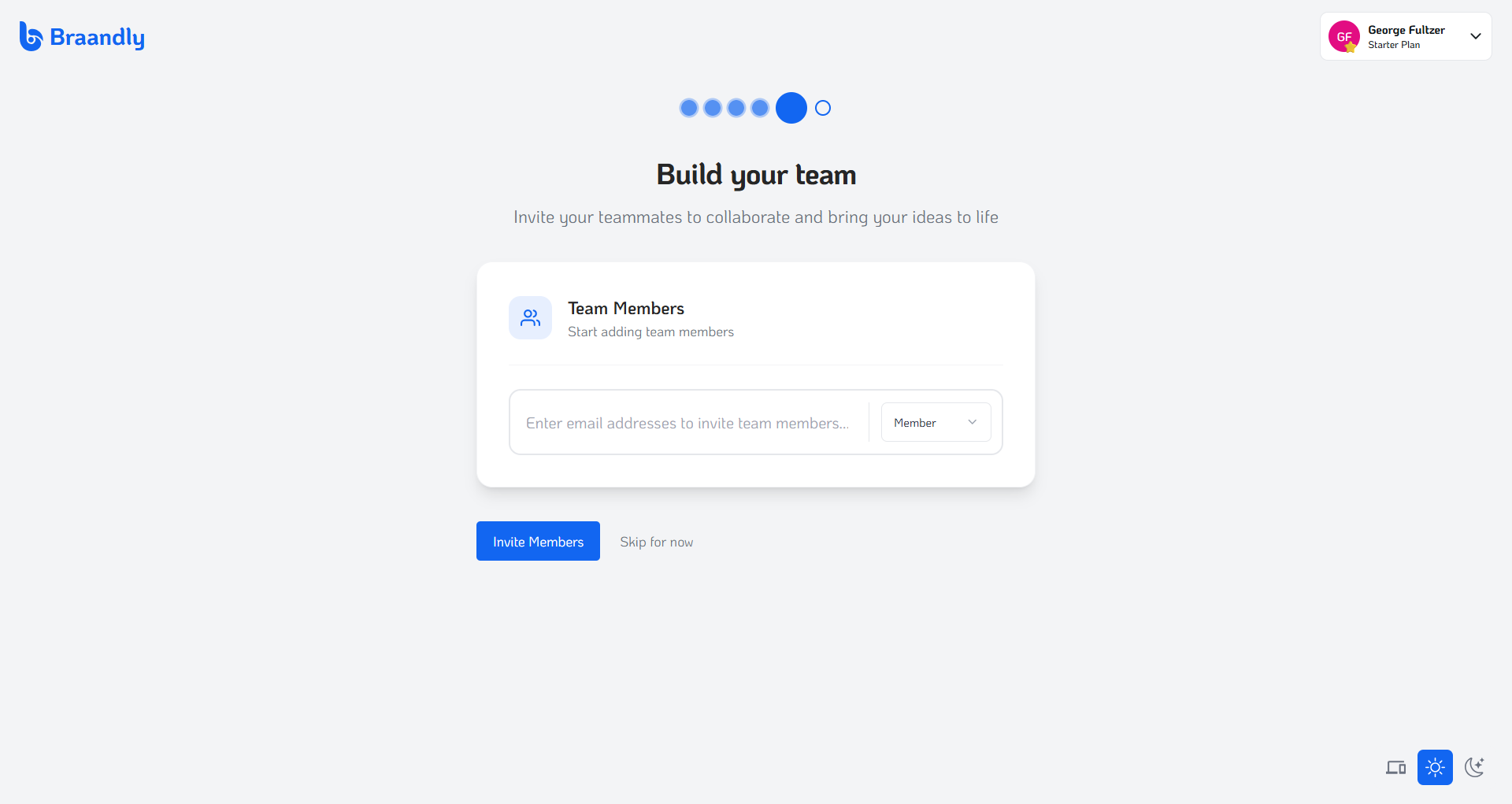 Braandly onboarding step 5 invite teammate screen with input for teammate email and role assigned to send invitation
