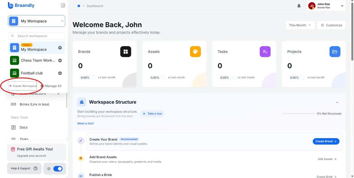 Dropdown menu highlighting the Create Workspace button