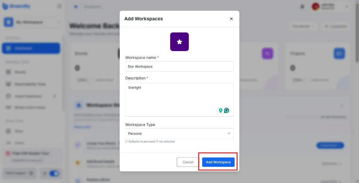 Workspace creation form with Add Workspace button highlighted.