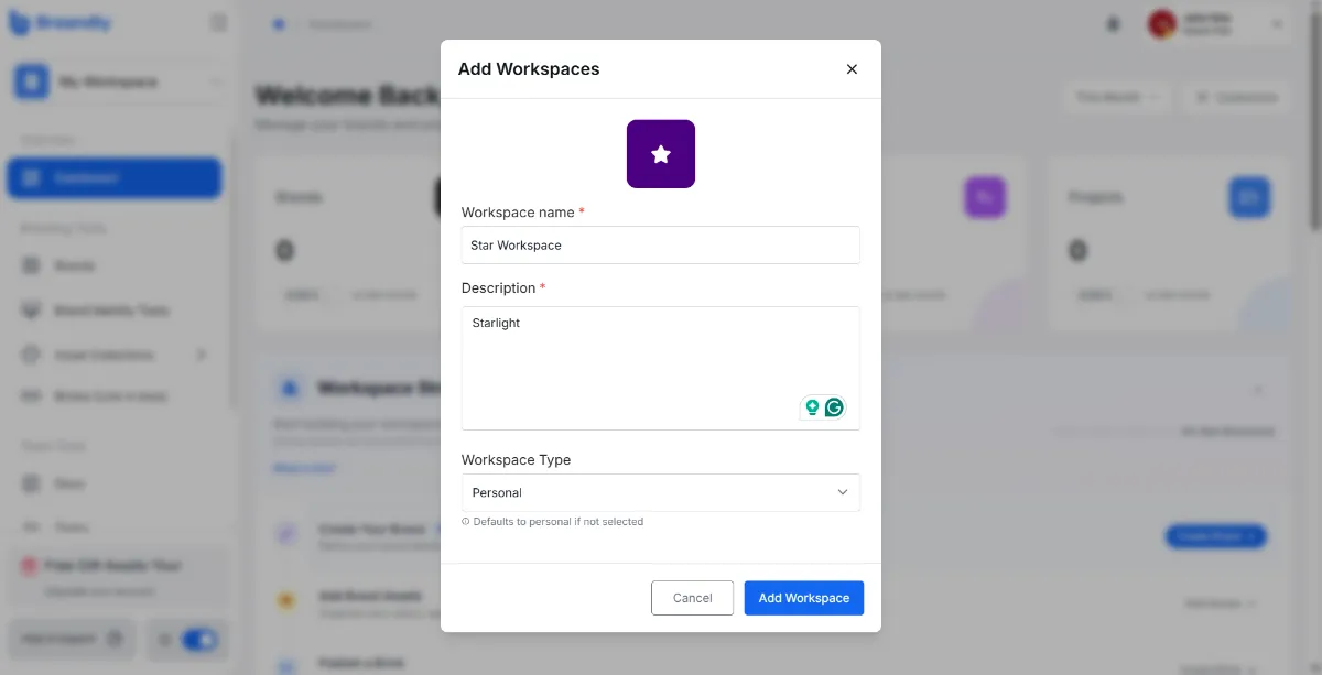 Workspace creation form with name, description, and type field