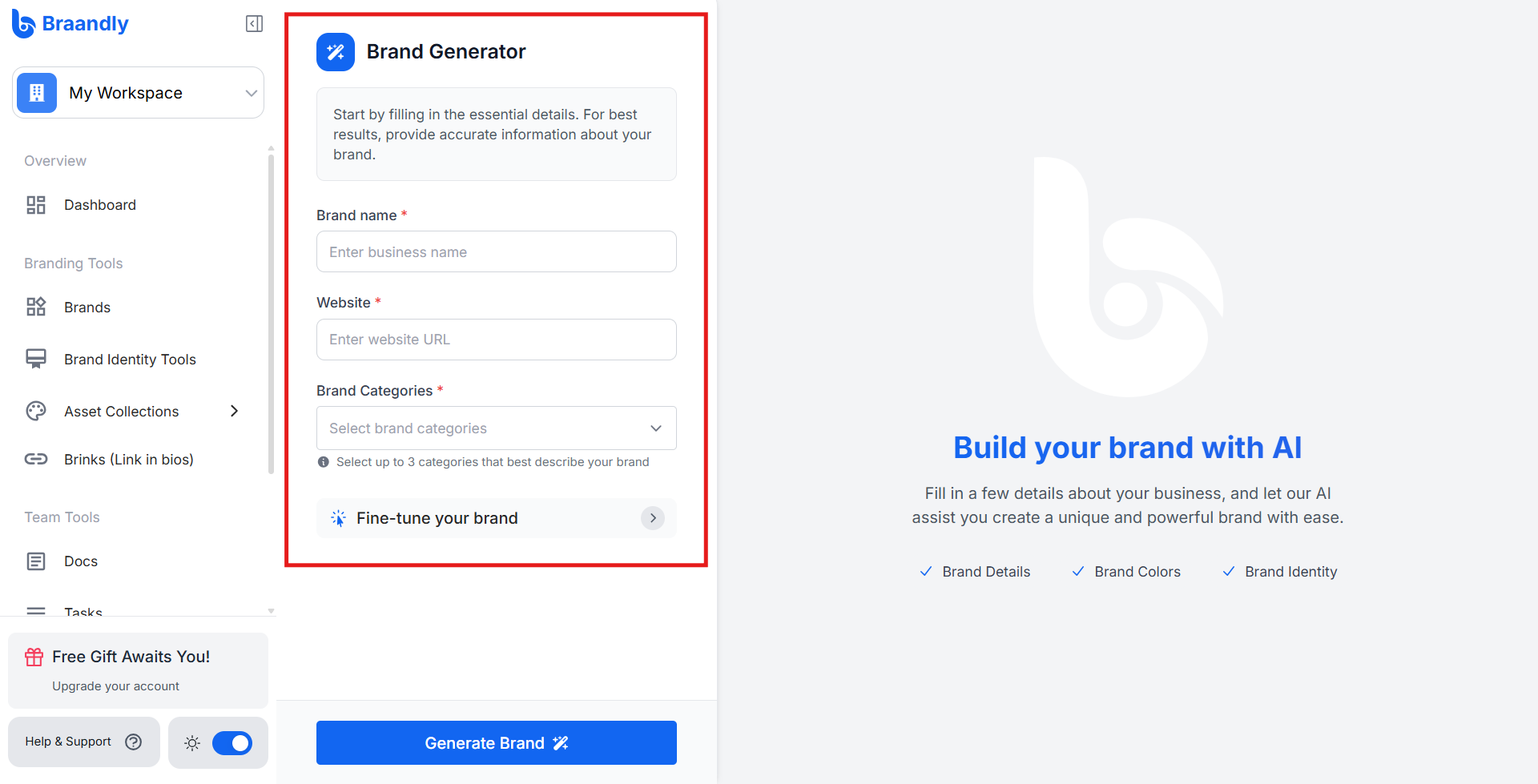 The AI brand generation form with fields for brand name, website, categories, and the Fine-tune your brand option