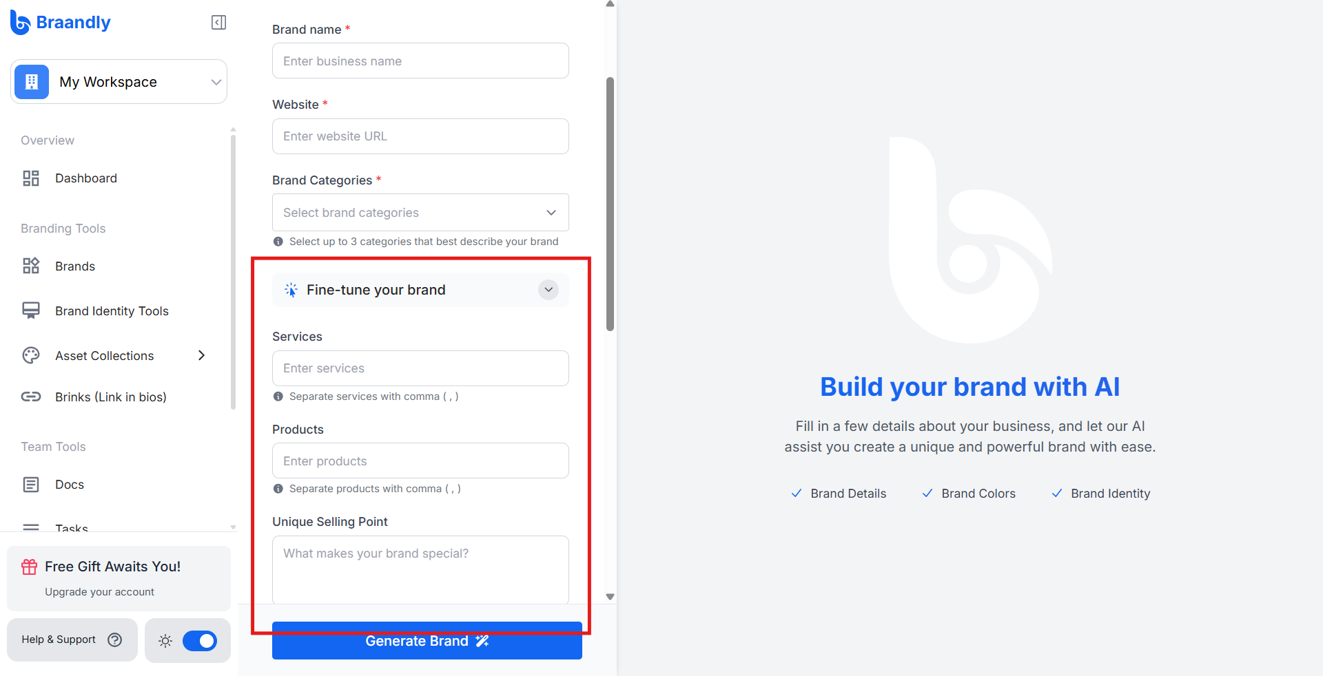 The AI brand generation form with the Fine-tune your brand option used