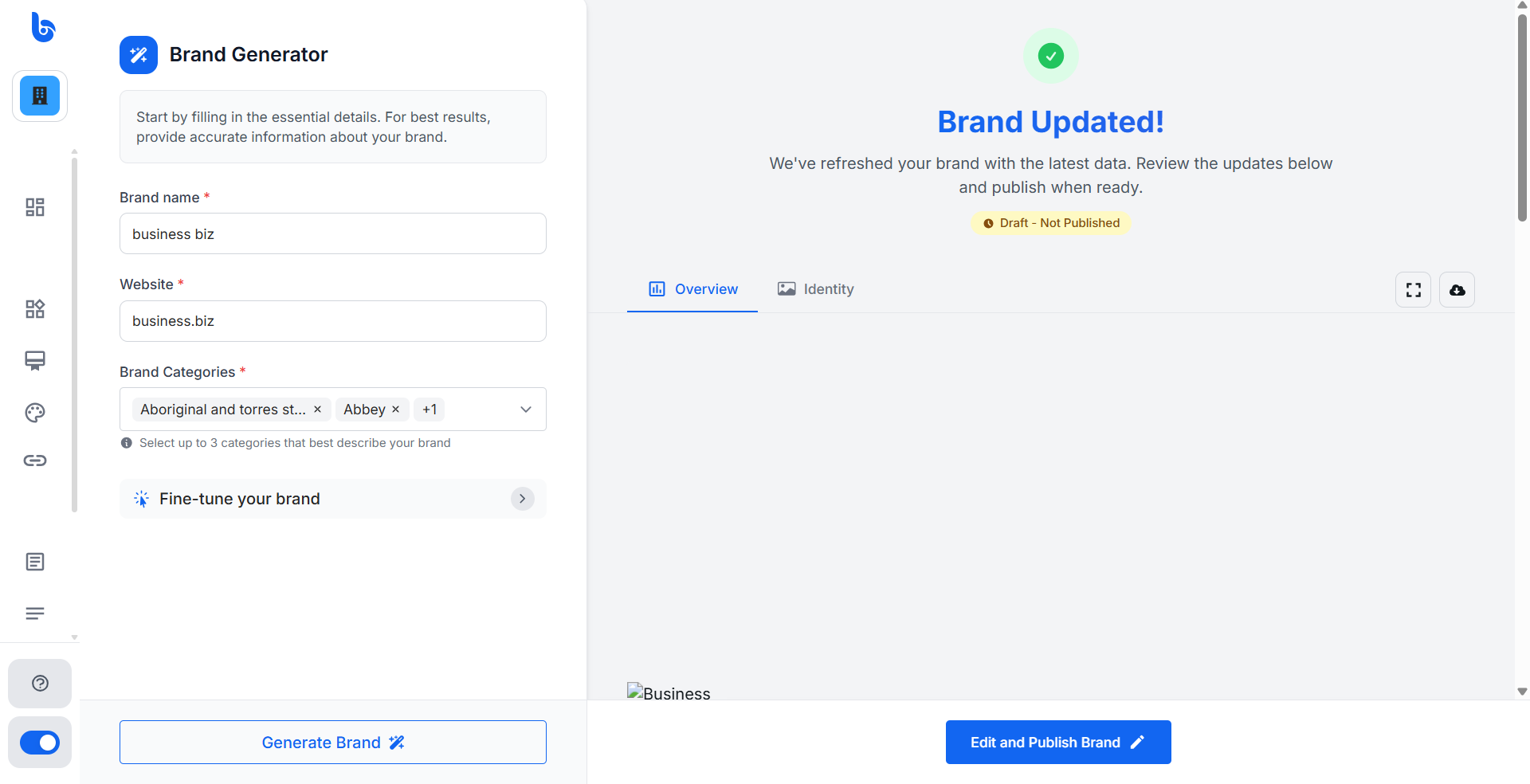 The Braandly brand generator page showing that a brand with the same website link already exists and is being updated.