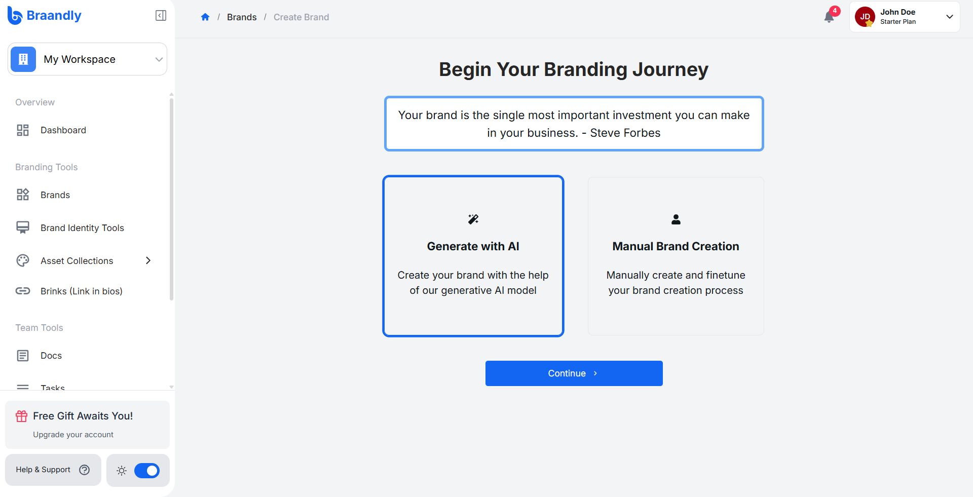 The brand creation page with the Generate with AI option selected and the Continue button visible
