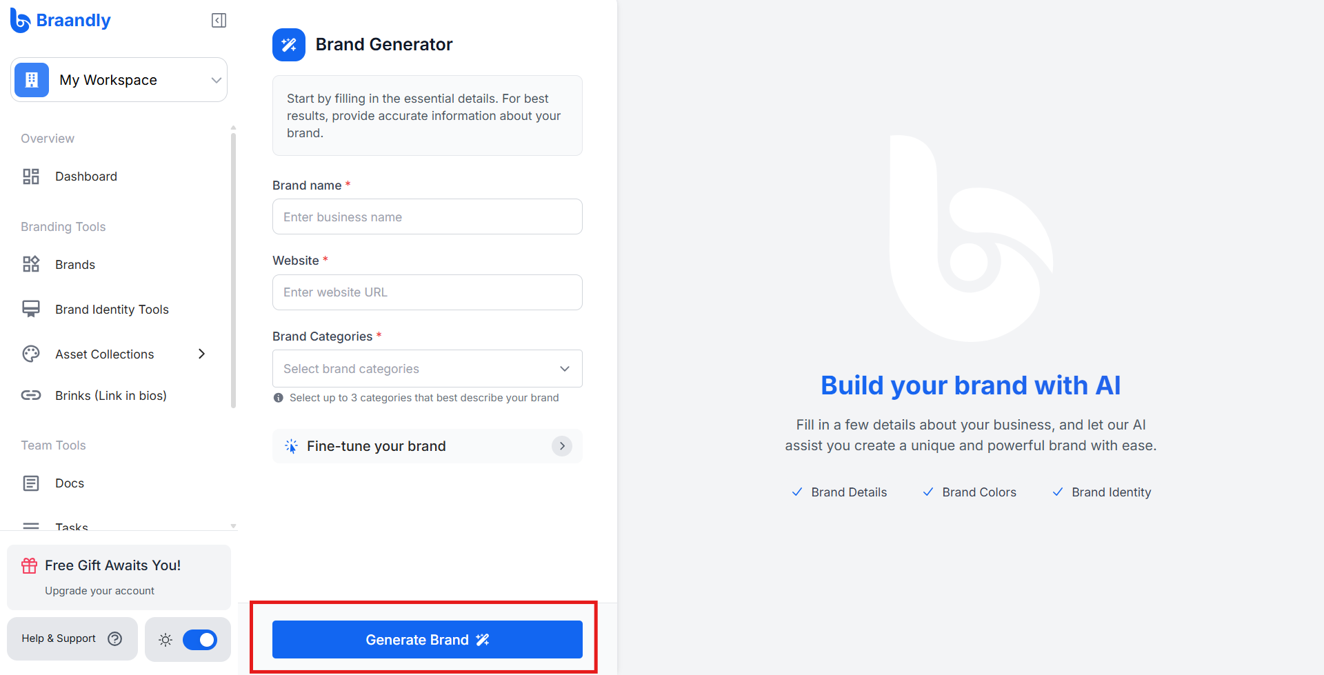The final step of the AI brand generator showing the Generate Brand button