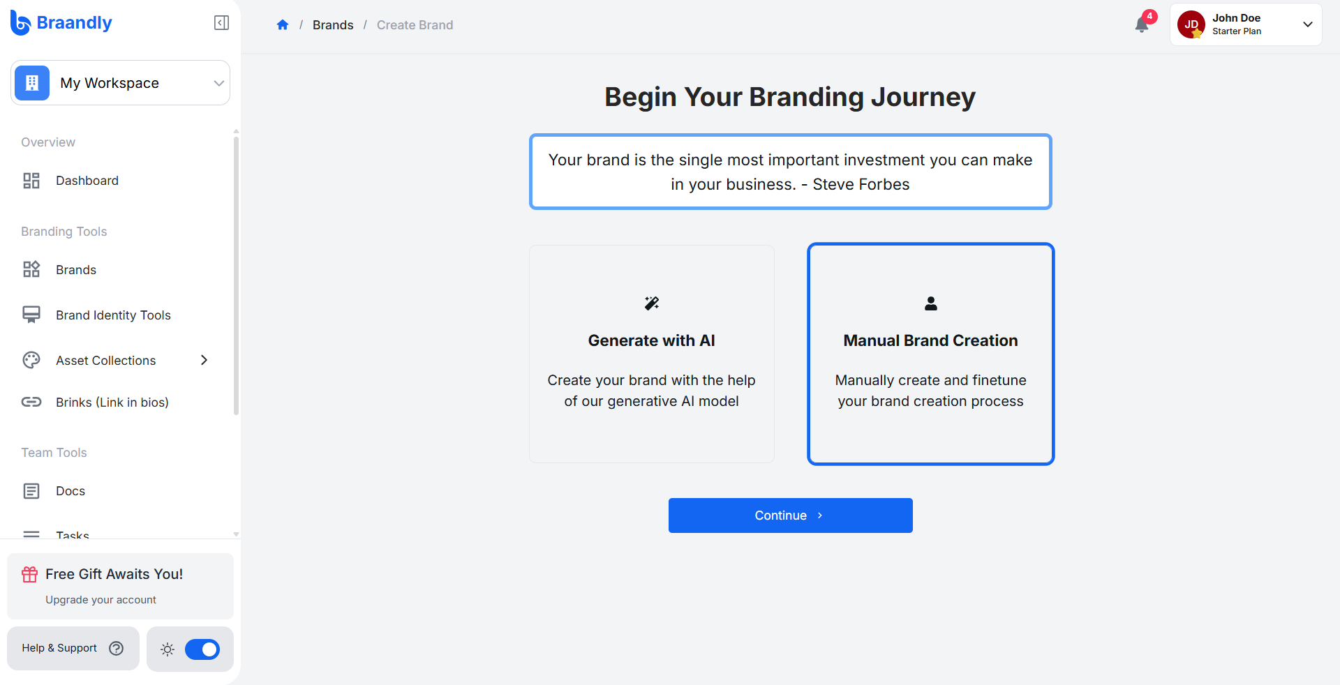The Braandly brand creation page with the Manual Brand Creation option selected and the Continue button visible
