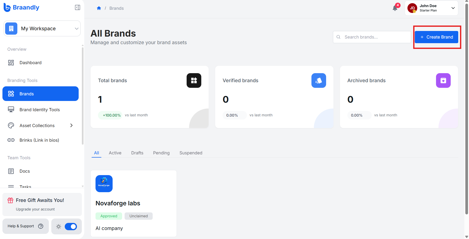 The Braandly Brands page showing the Create Brand button in the top right corner