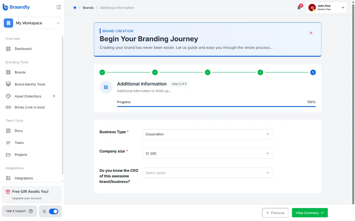 The Braandly manual brand creation form with fields for any additional information.