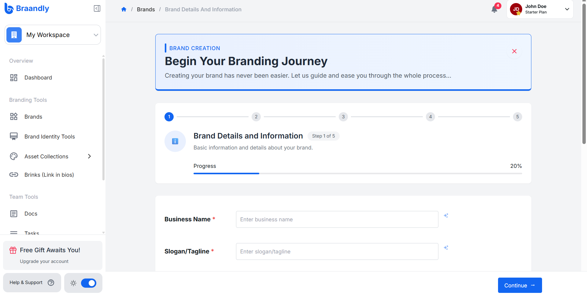 The Braandly manual brand creation form with fields for brand name, tagline, and others