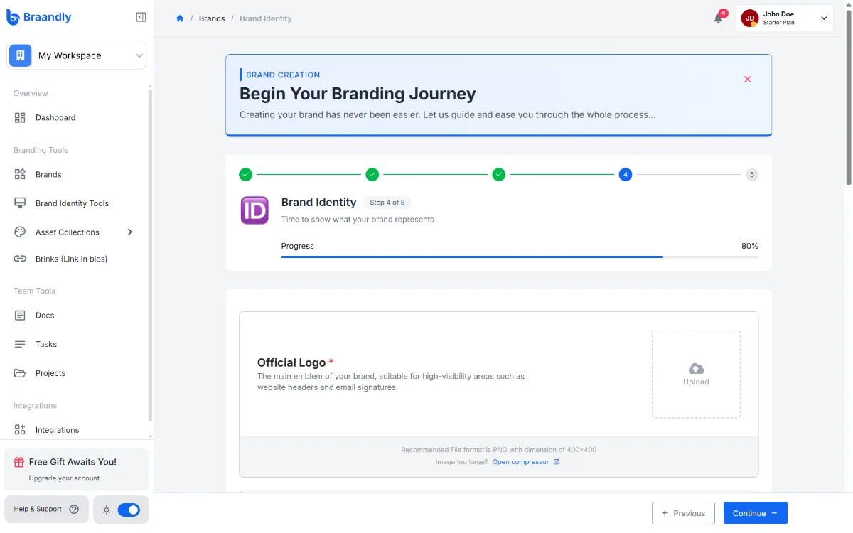 The Braandly manual brand creation form with fields for logo and other media.