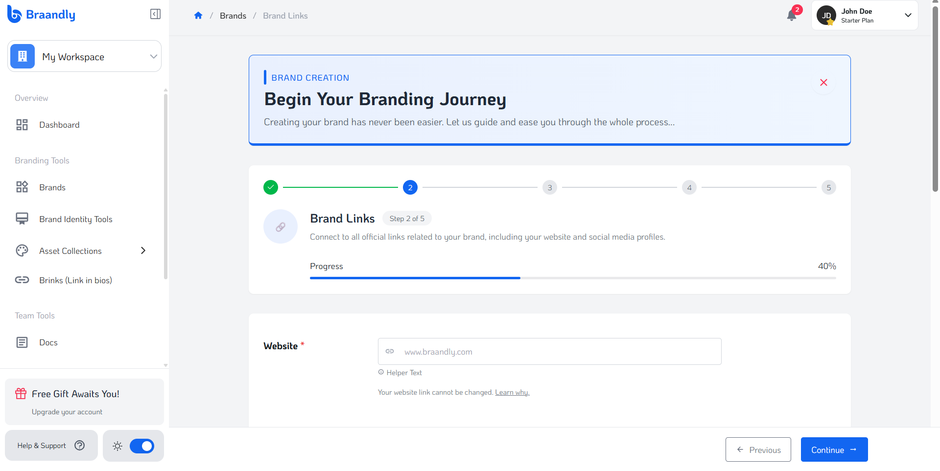 The Braandly manual brand creation form with fields for your brand links and others