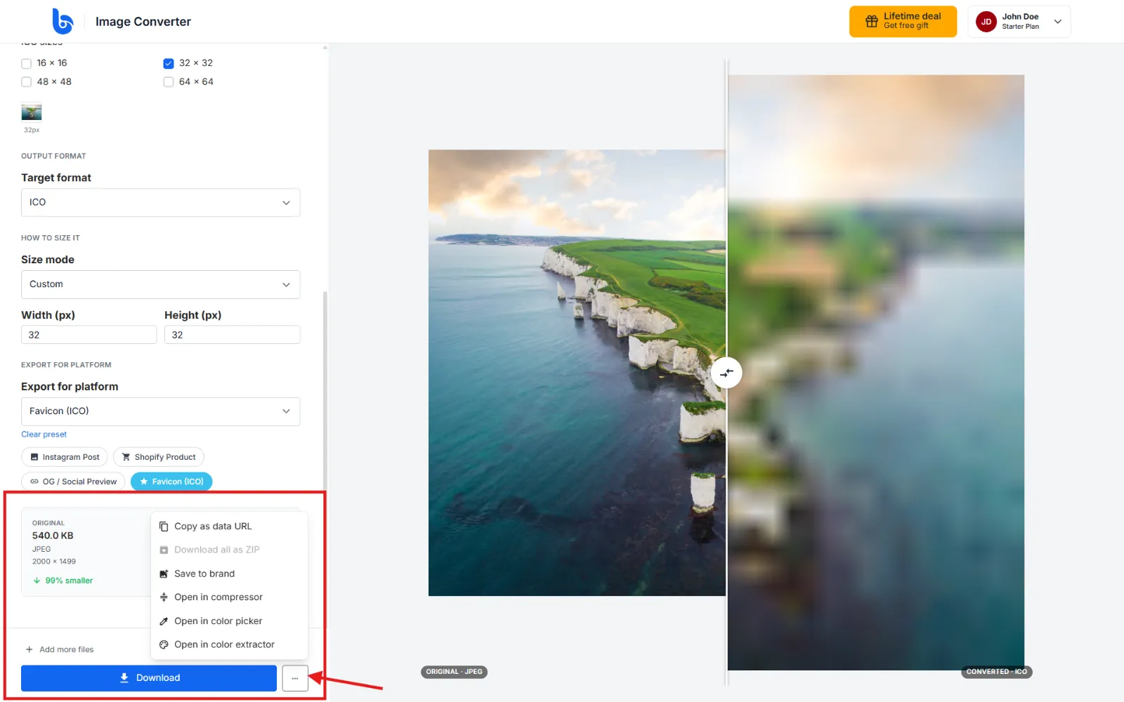 Action menu options showing Save to brand, Copy as data URL, and Download buttons