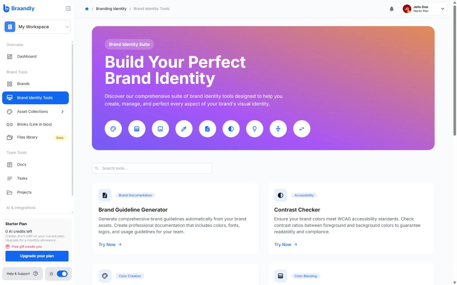 Brand Identity Tools page displaying available brand tools
