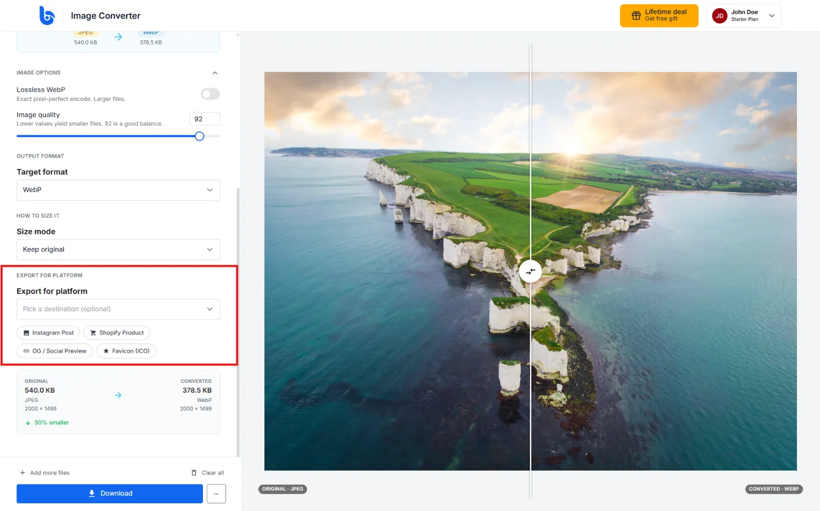 Export for platform dropdown option