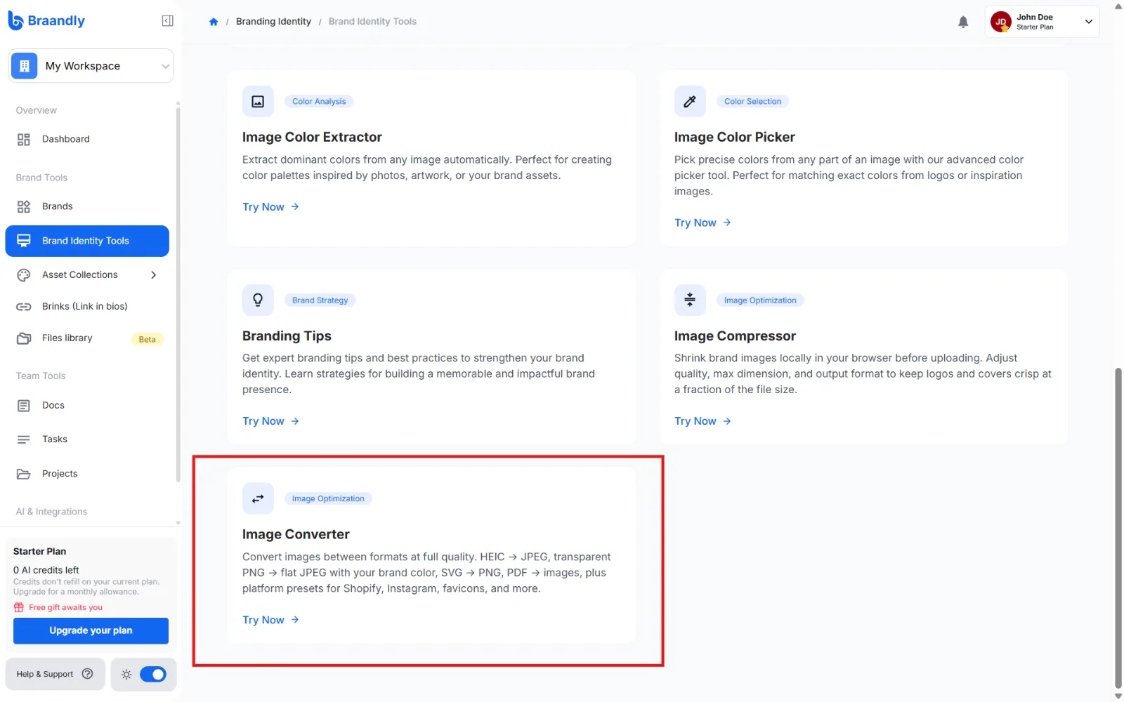 Brand Identity Tools page displaying Image Converter tool