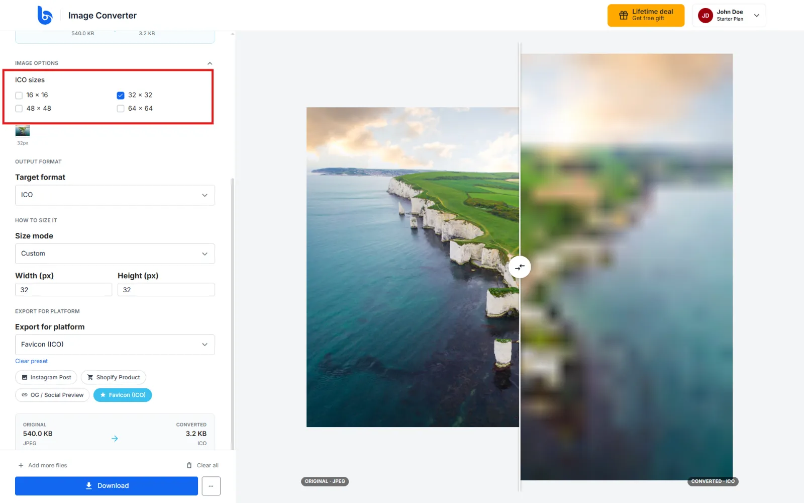 Selecting ICO icon sizes for export