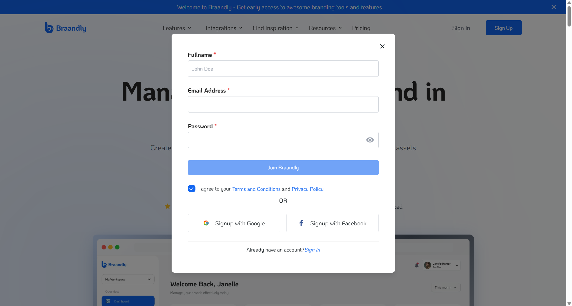 Braandly main website page with the signup modal popped open over the content