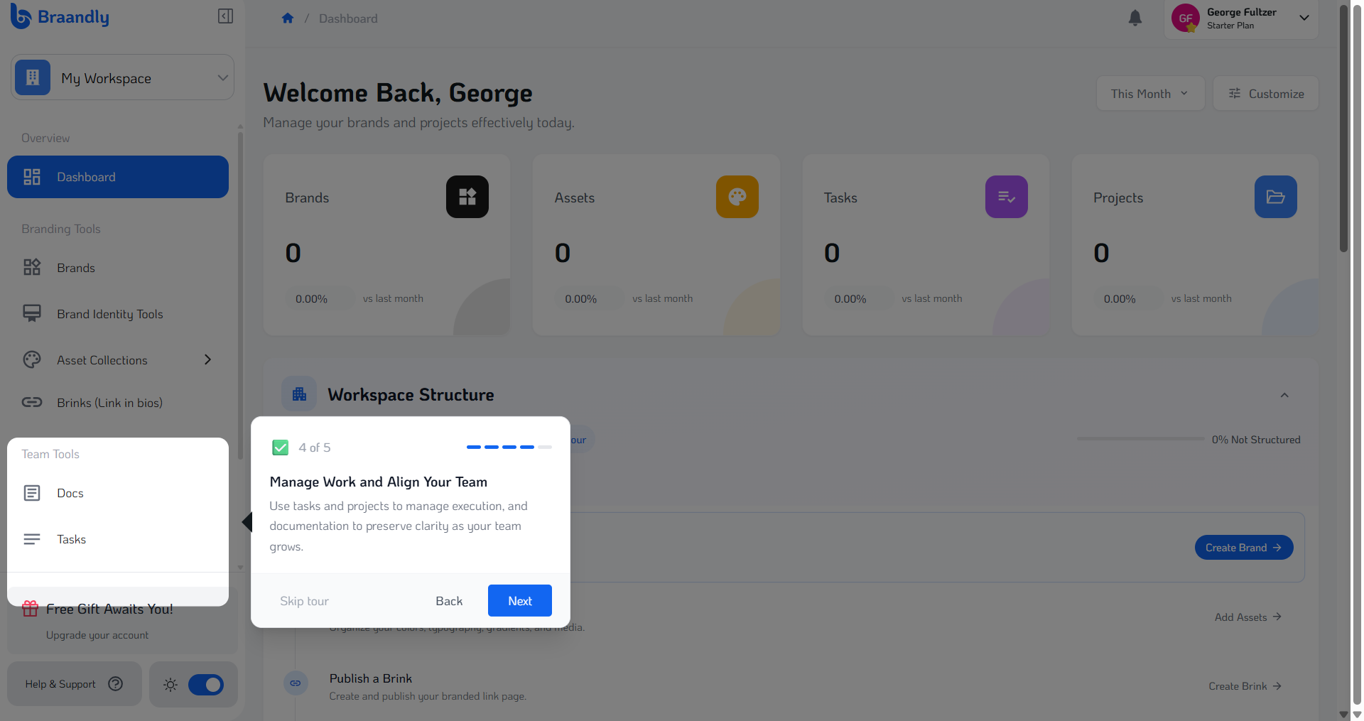 Braandly dashboard tour step 4 introducing your work tools like Docs, Tasks and Projects