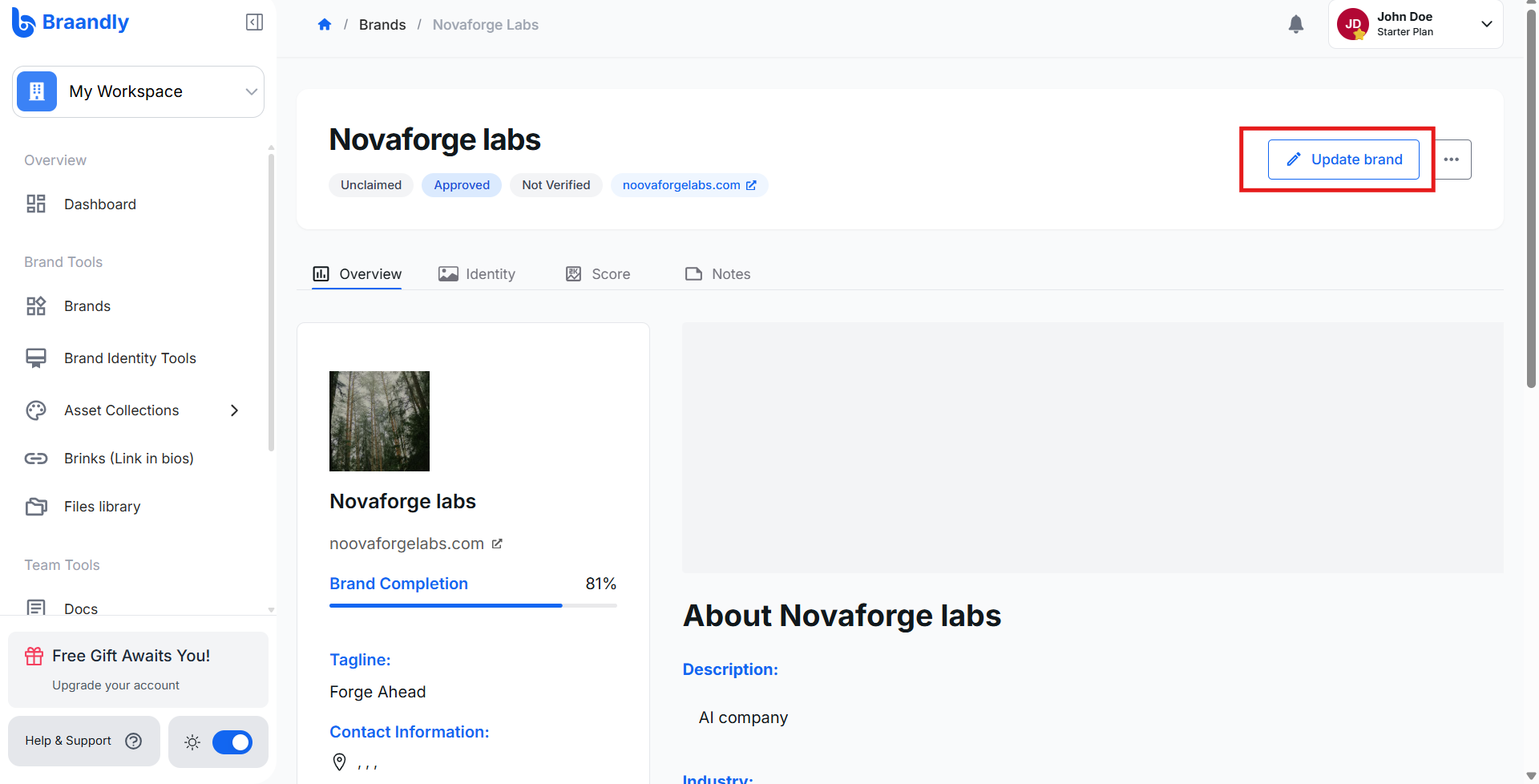 The brand overview page with the Update brand button highlighted