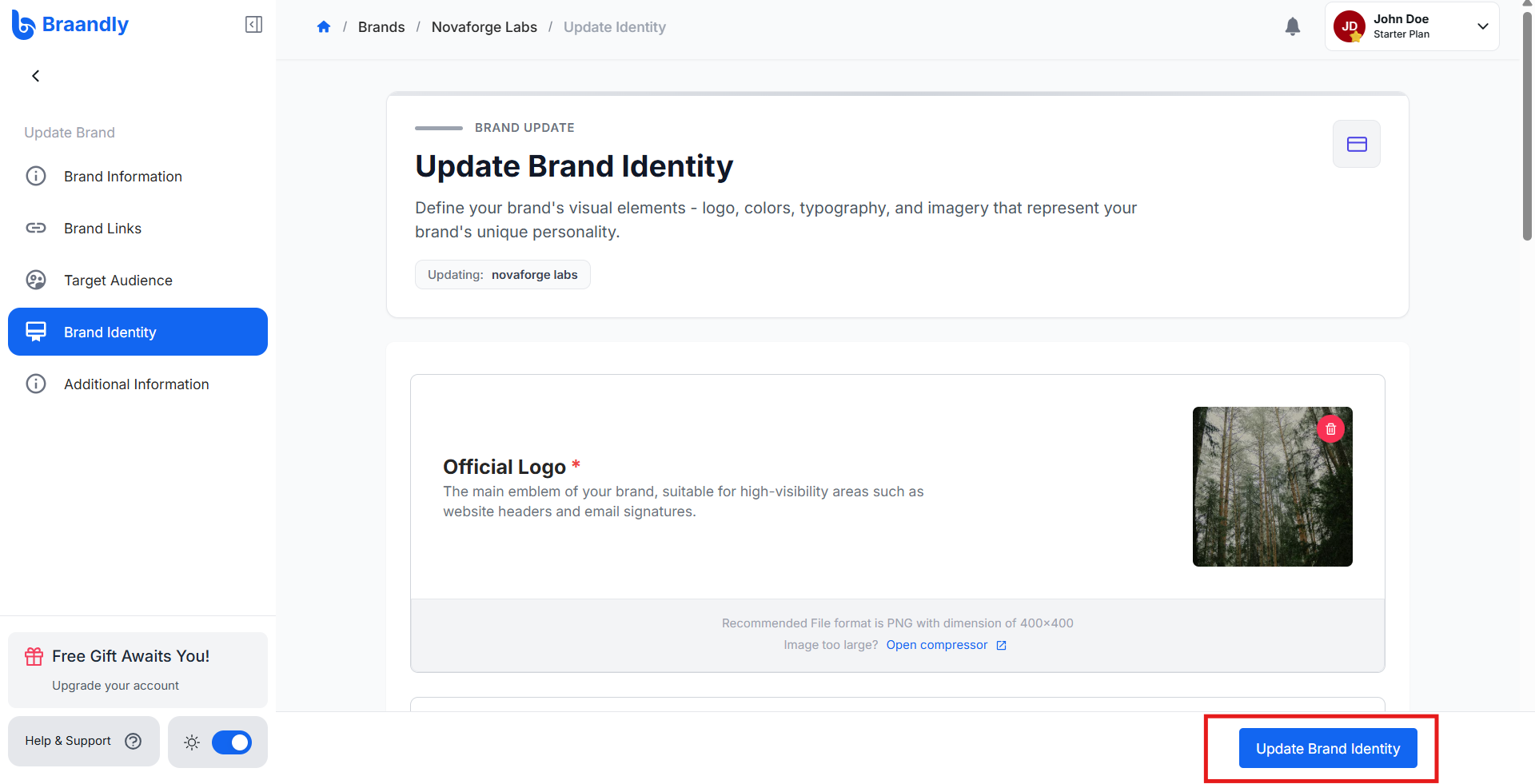 The Update Brand Identity section with the Update Brand Identity button highlighted