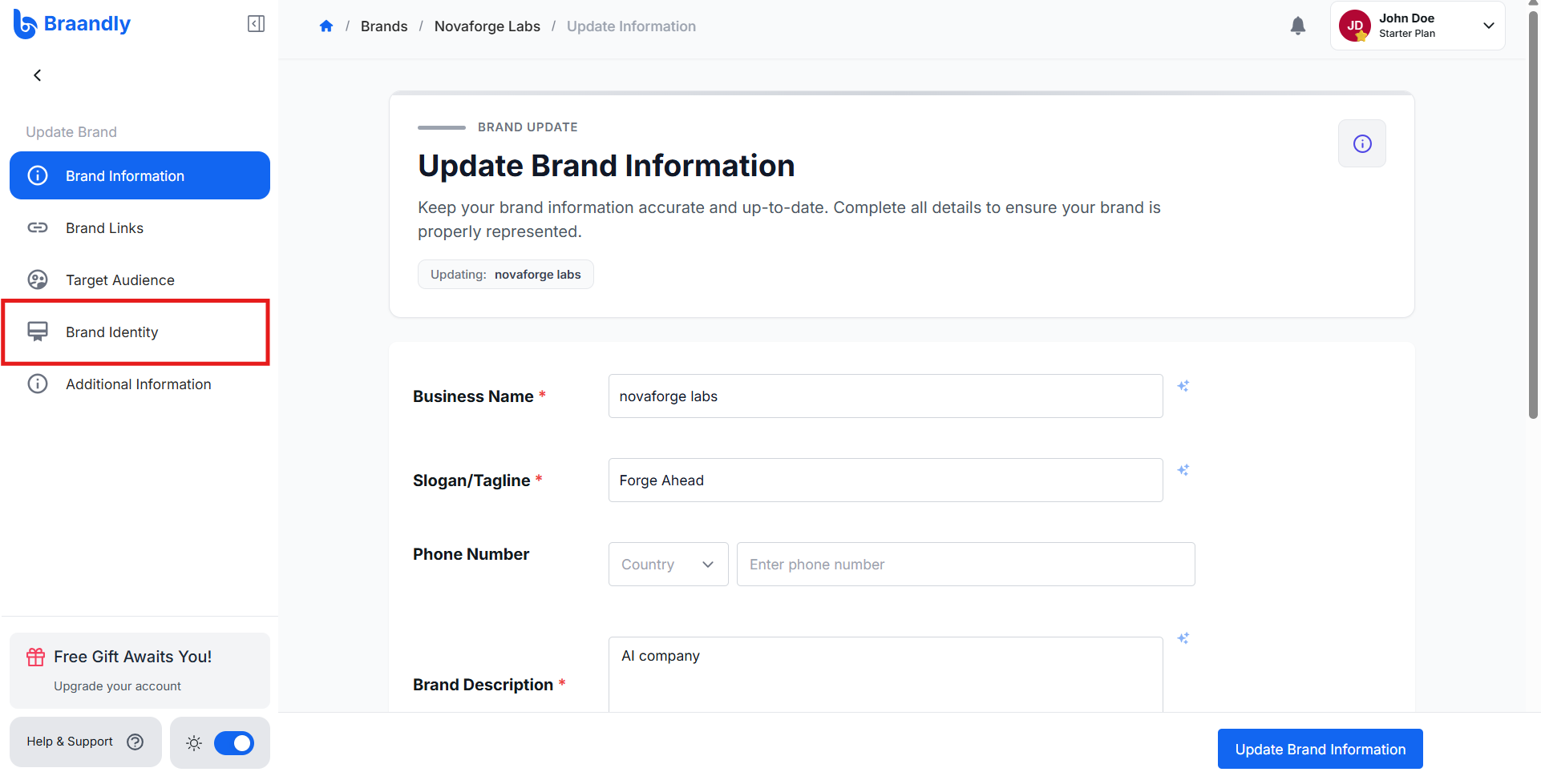 The Update Brand Information page with the Brand Identity tab on the sidebar highlighted
