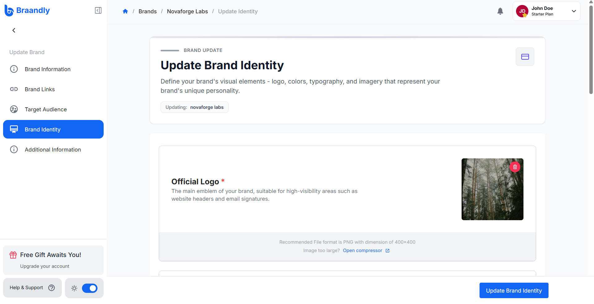 The Brand Identity section showing fields for the brand fonts, colors, and upload areas for the logo, cover, symbol, and icon