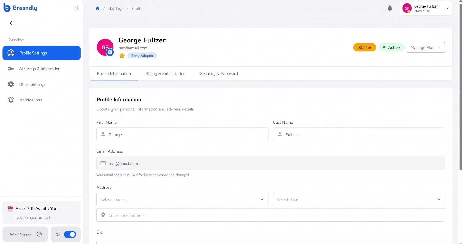the Profile tab showing the editable fields