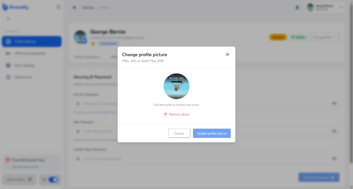 the update profile photo tab showing the update profile picture button