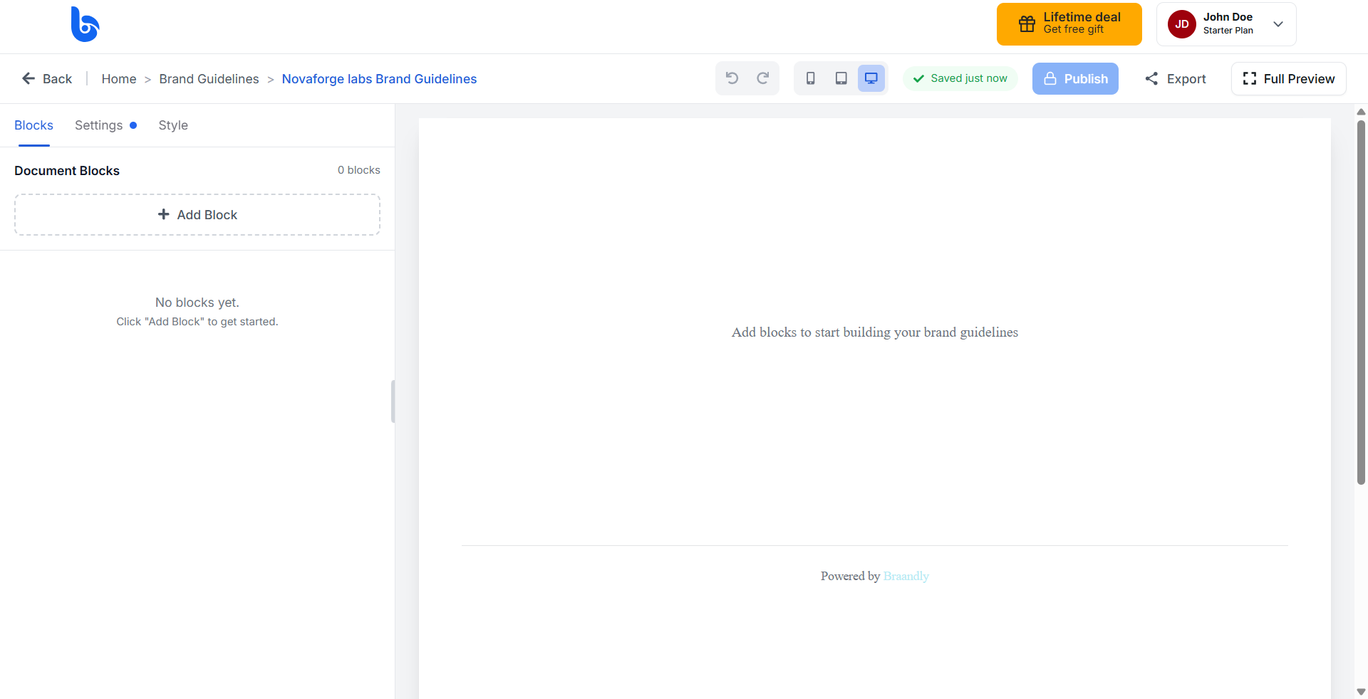 A blank guideline editor showing the Style, Blocks, and Settings tabs
