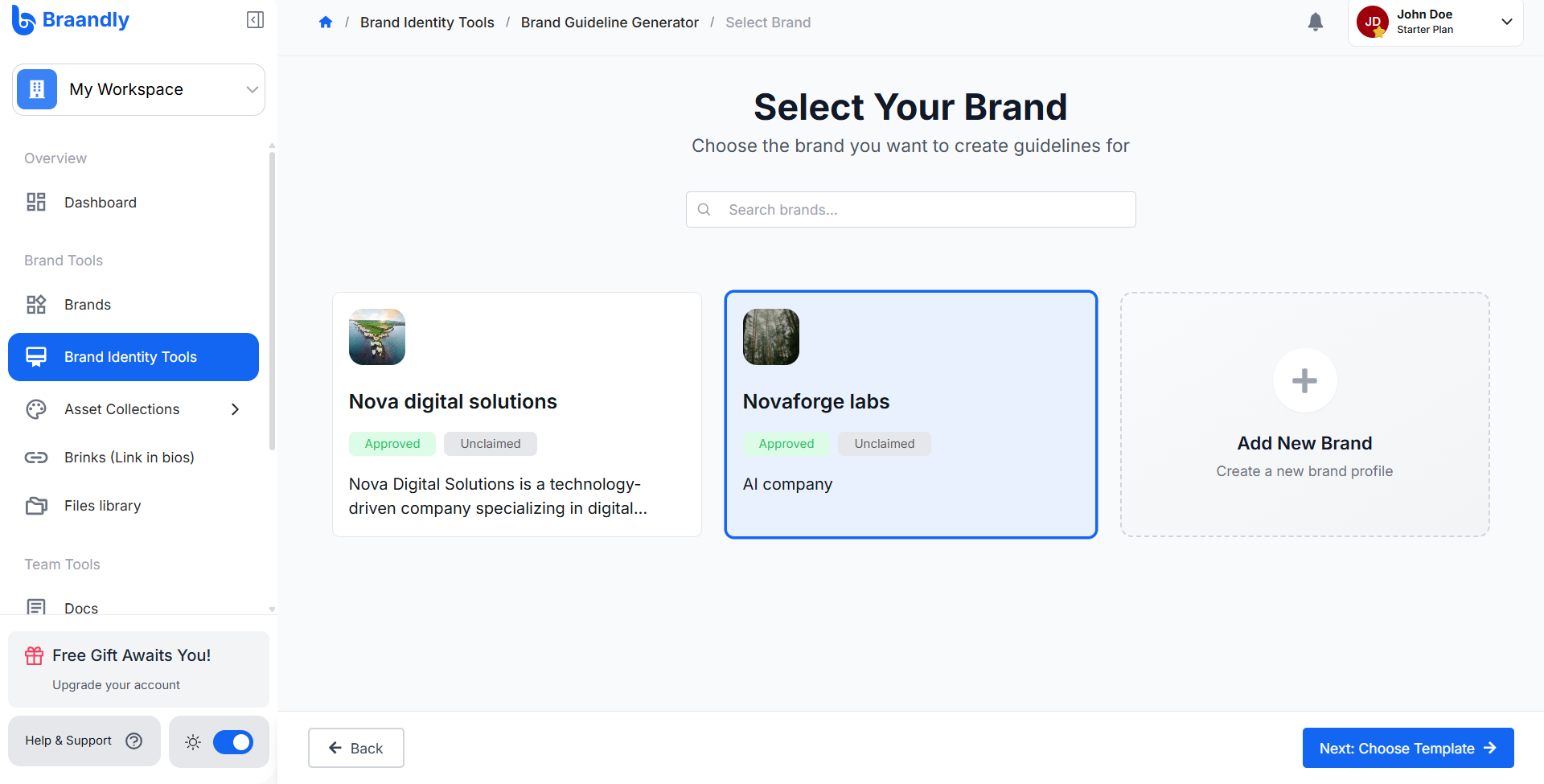 The brand selection screen with the Next: Choose Template button