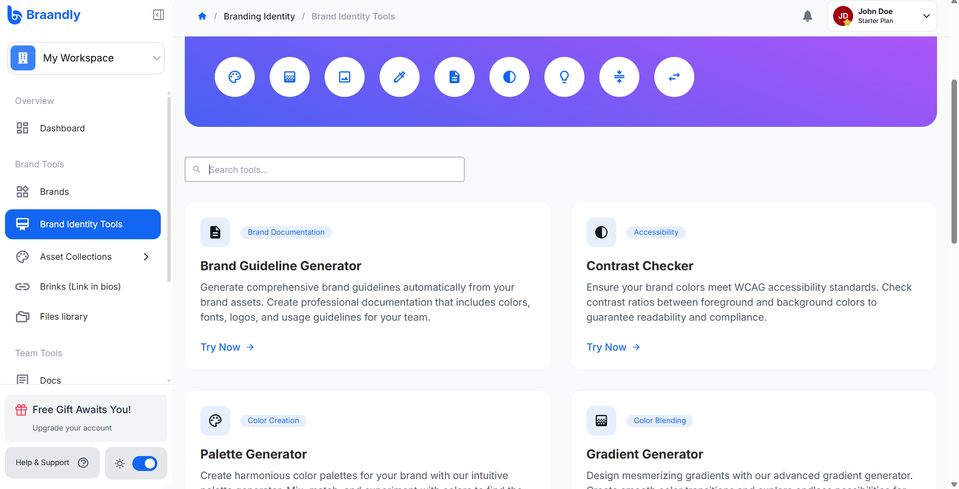 The Brand Identity Tools page showing the Brand Guideline Generator option