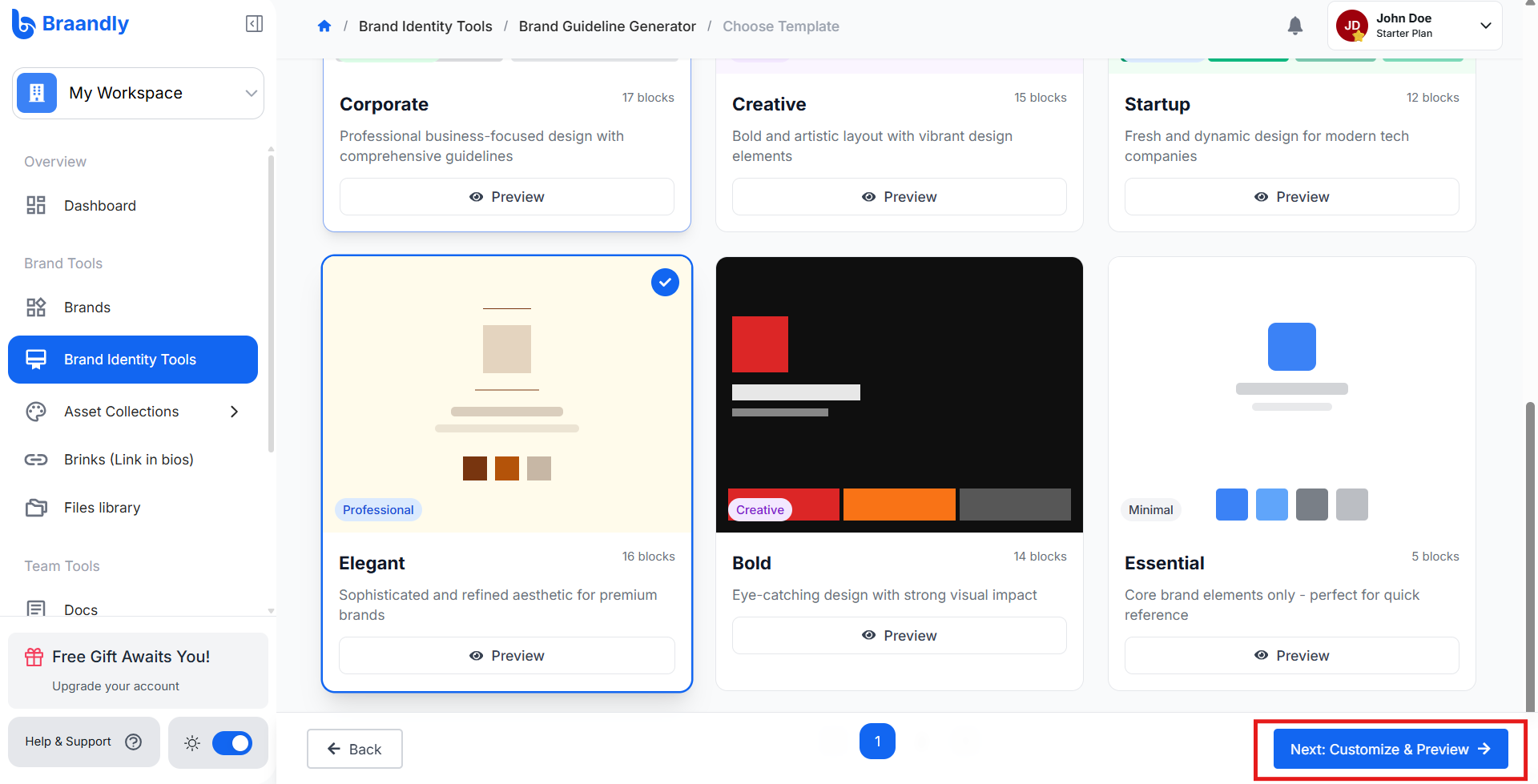 The bottom of the template screen highlighting the Next: Customize & Preview button