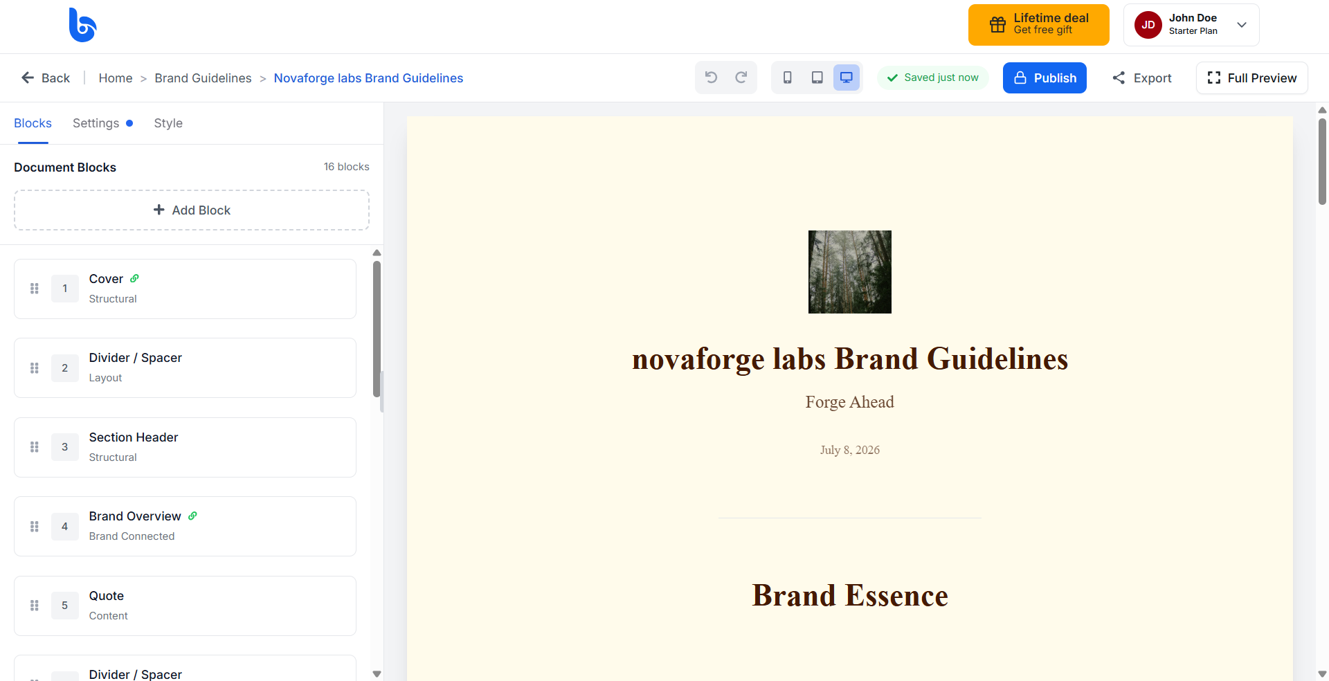 The guideline editor showing the Style, Blocks, and Settings tabs