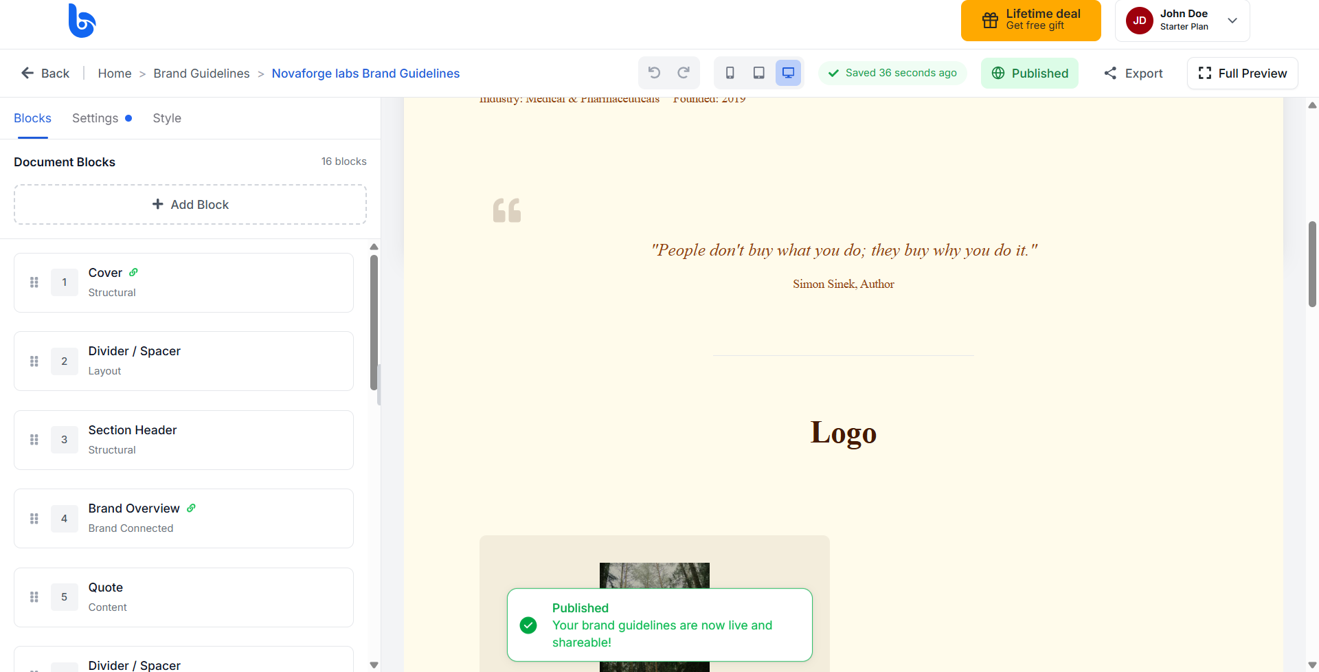 The guideline editor page with the Published popup showing
