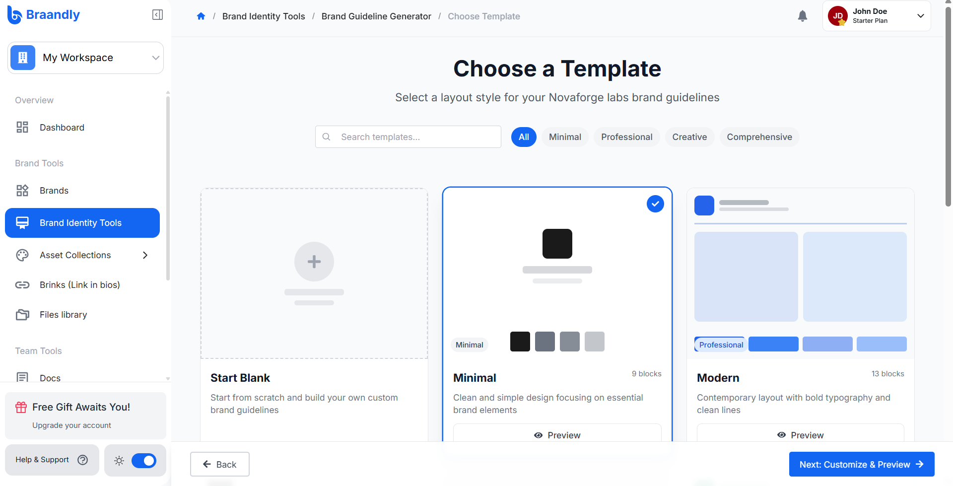 The template selection gallery showing the various templates