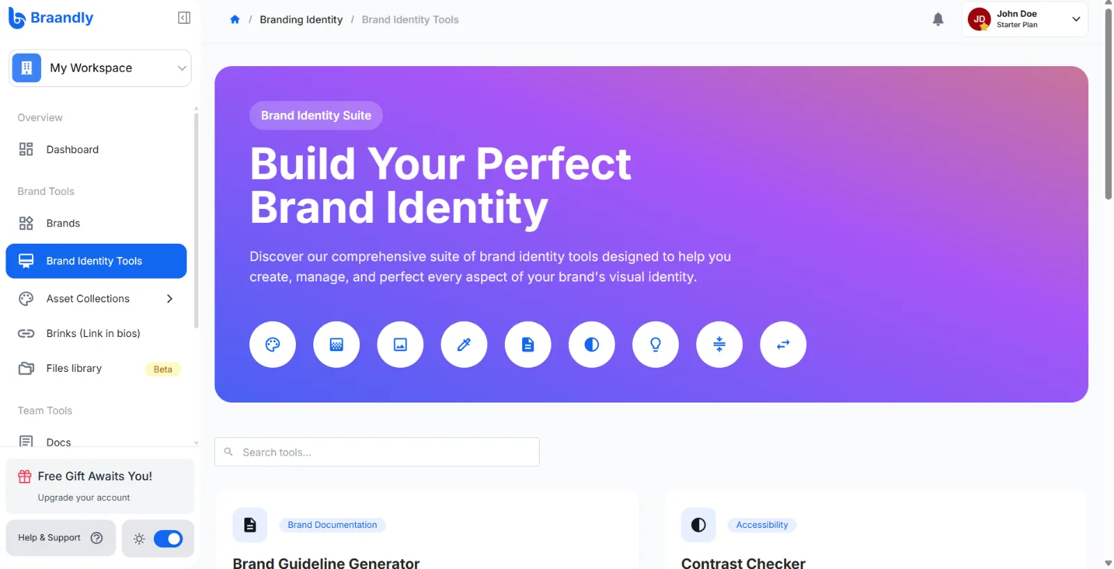 Sidebar menu showing the Brand Identity Tools option