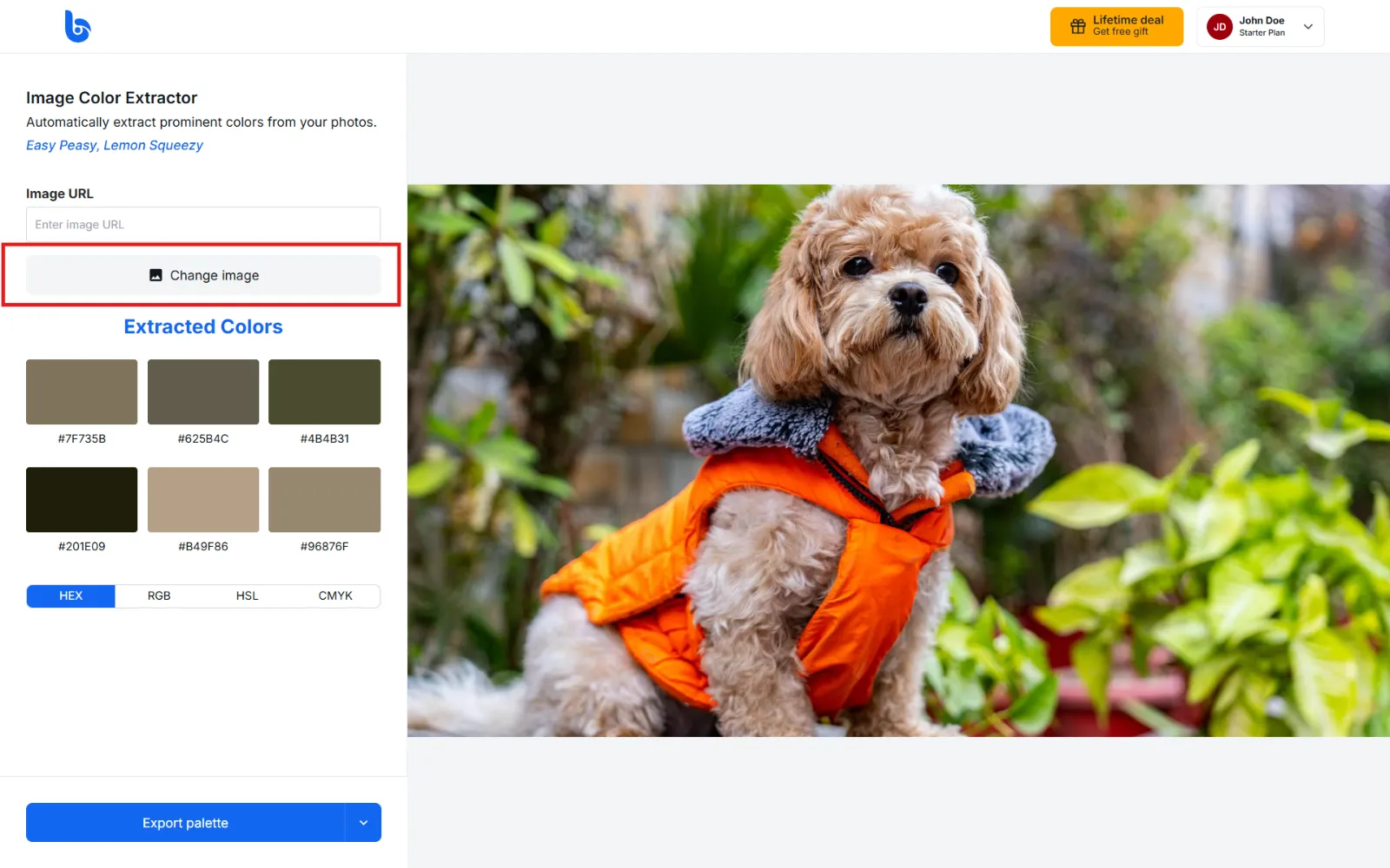 The Change image button above an extracted color palette