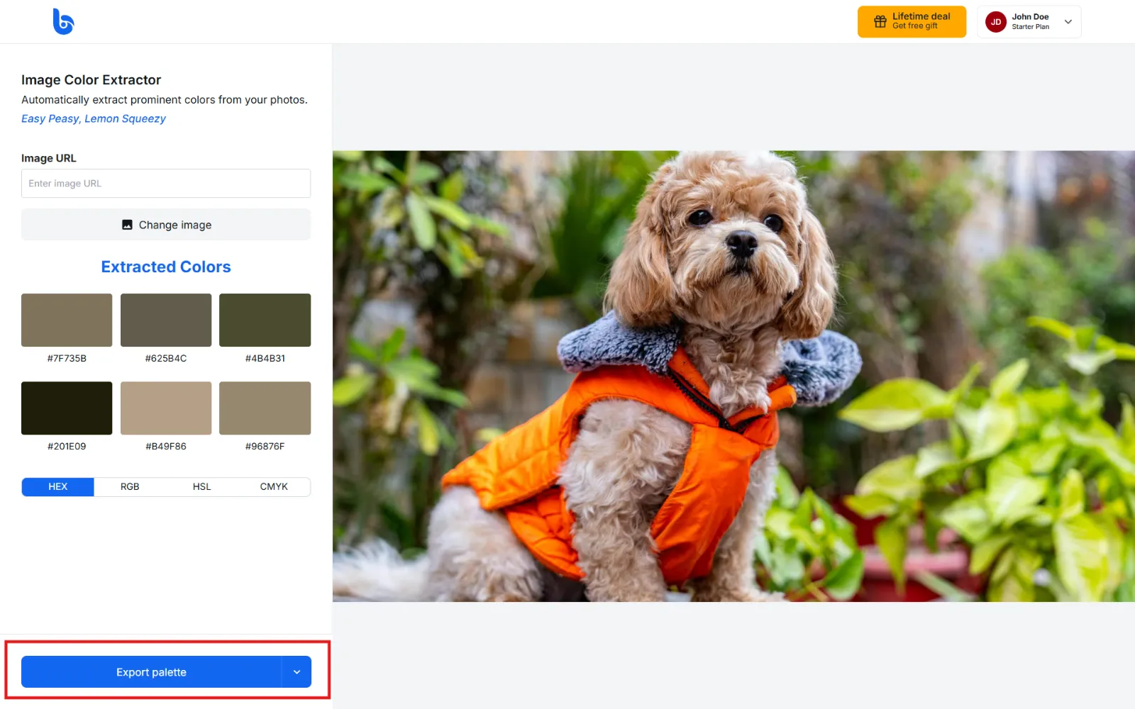 The Export palette button in the Image Color Extractor tool