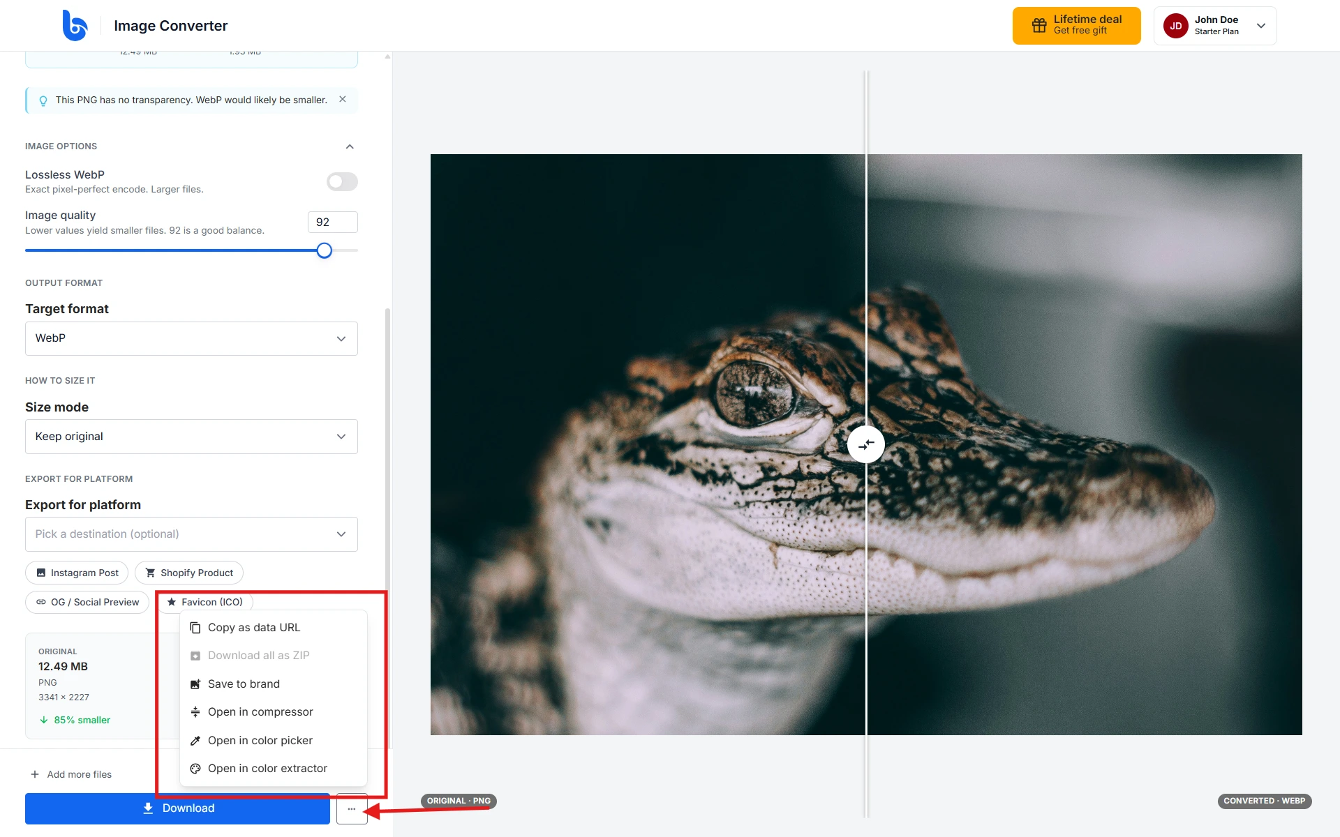 Additional options menu showing Save to brand and tool links