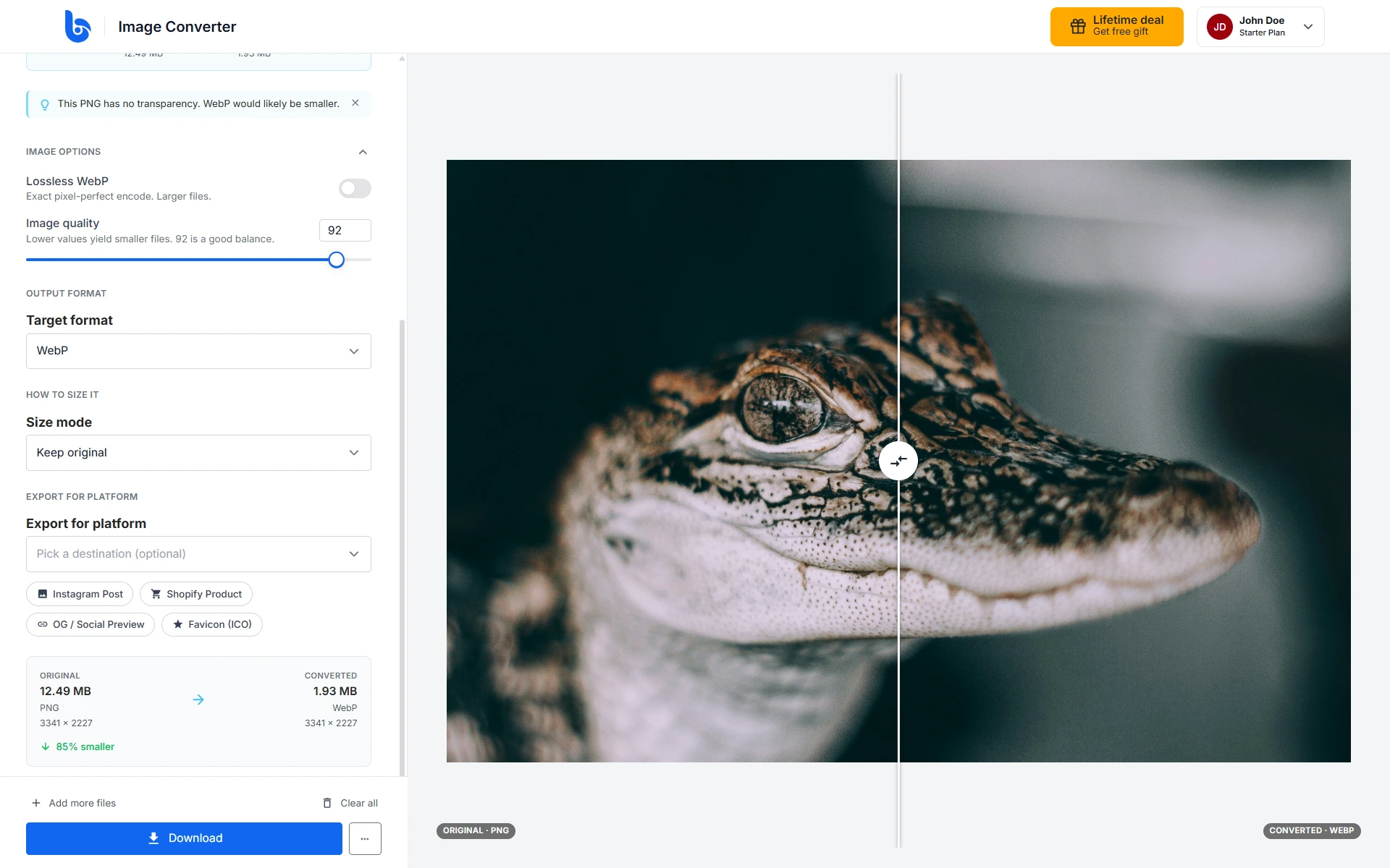 Format selection and settings in the Image Converter