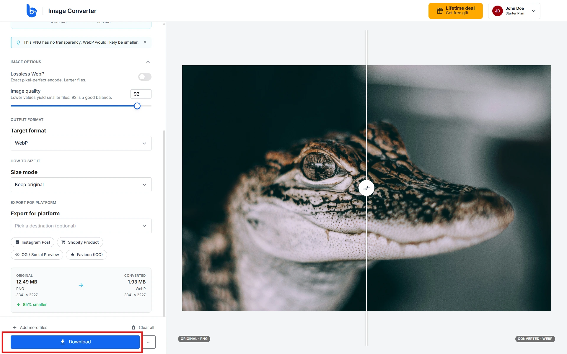 Download button in the Image Converter