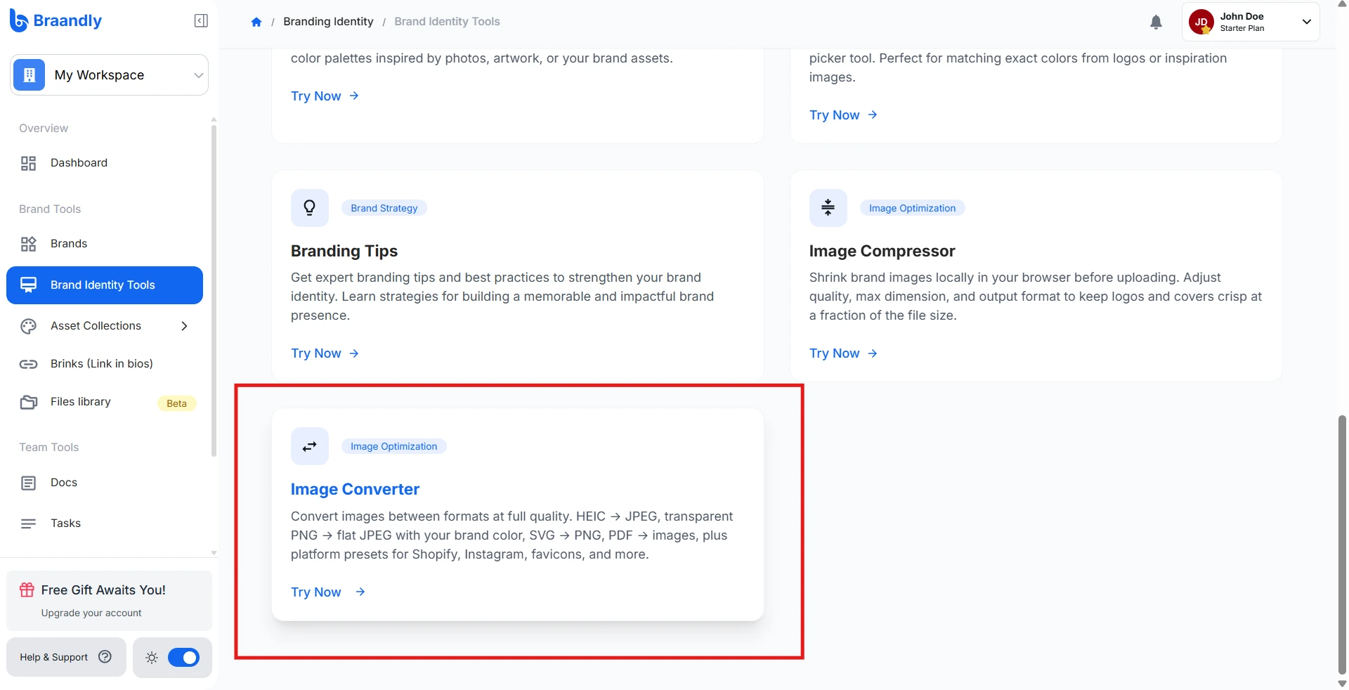 Brand Identity Tools menu showing the Image Converter option