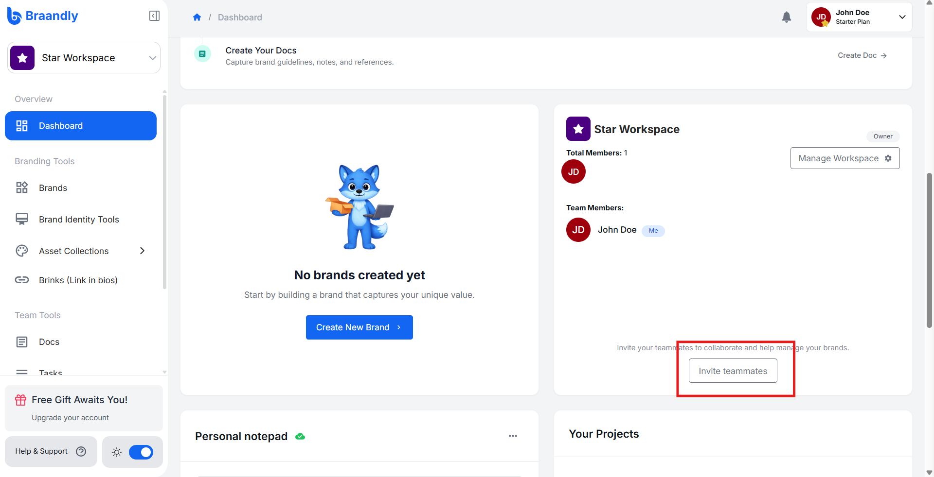 Dashboard scrolled down to show team members list with Invite teammates button highlighted