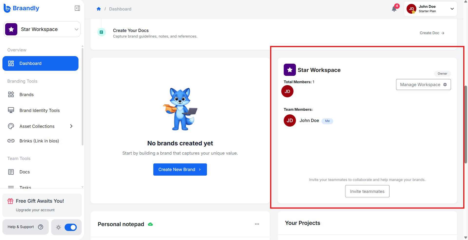 Dashboard showing team members list