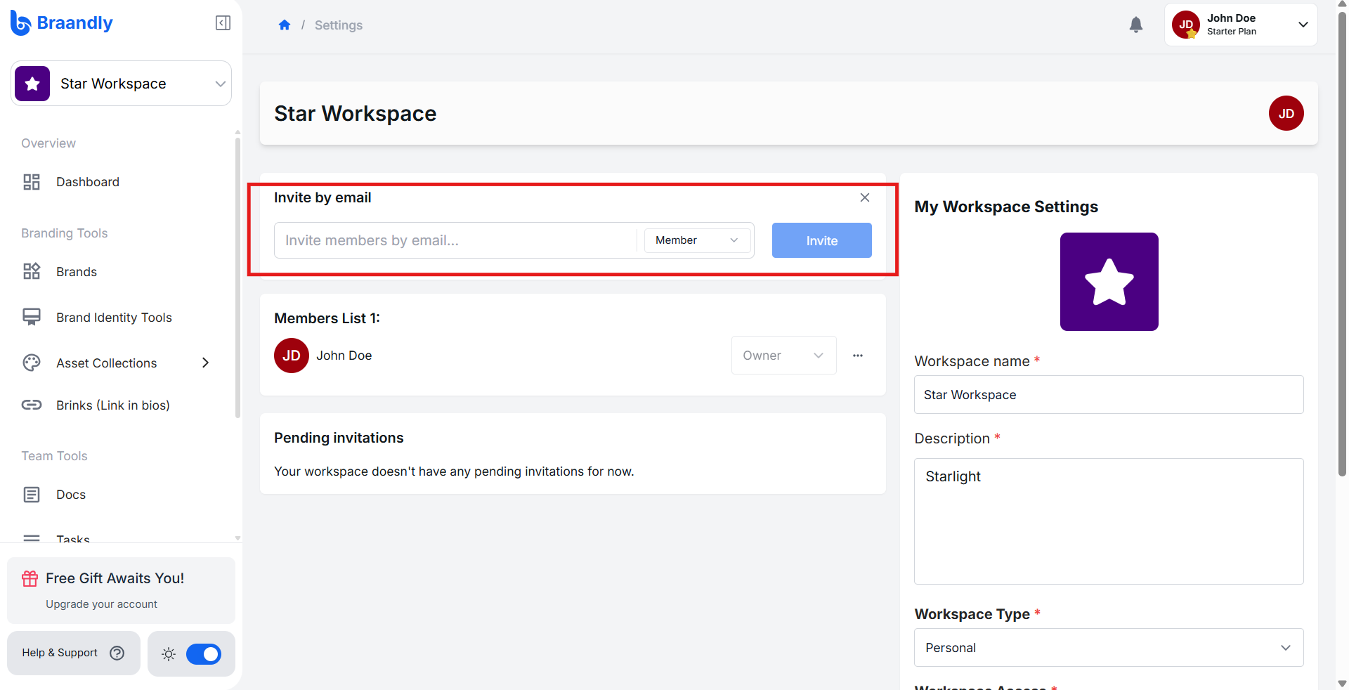 Workspace settings page showing the invite teammates input box highlighted