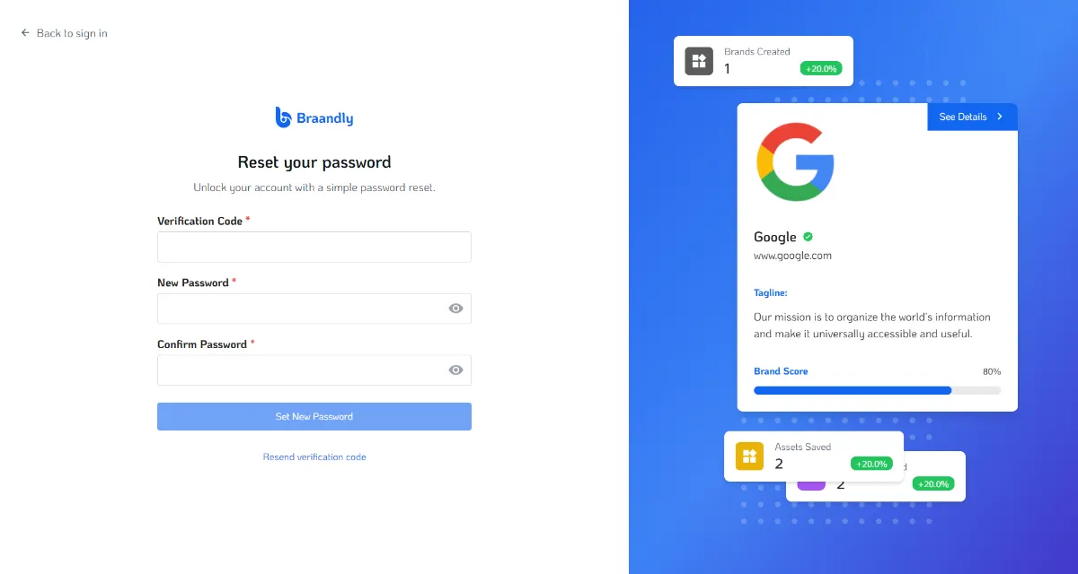 Choose a new password screen with input fields and the Set New Password button